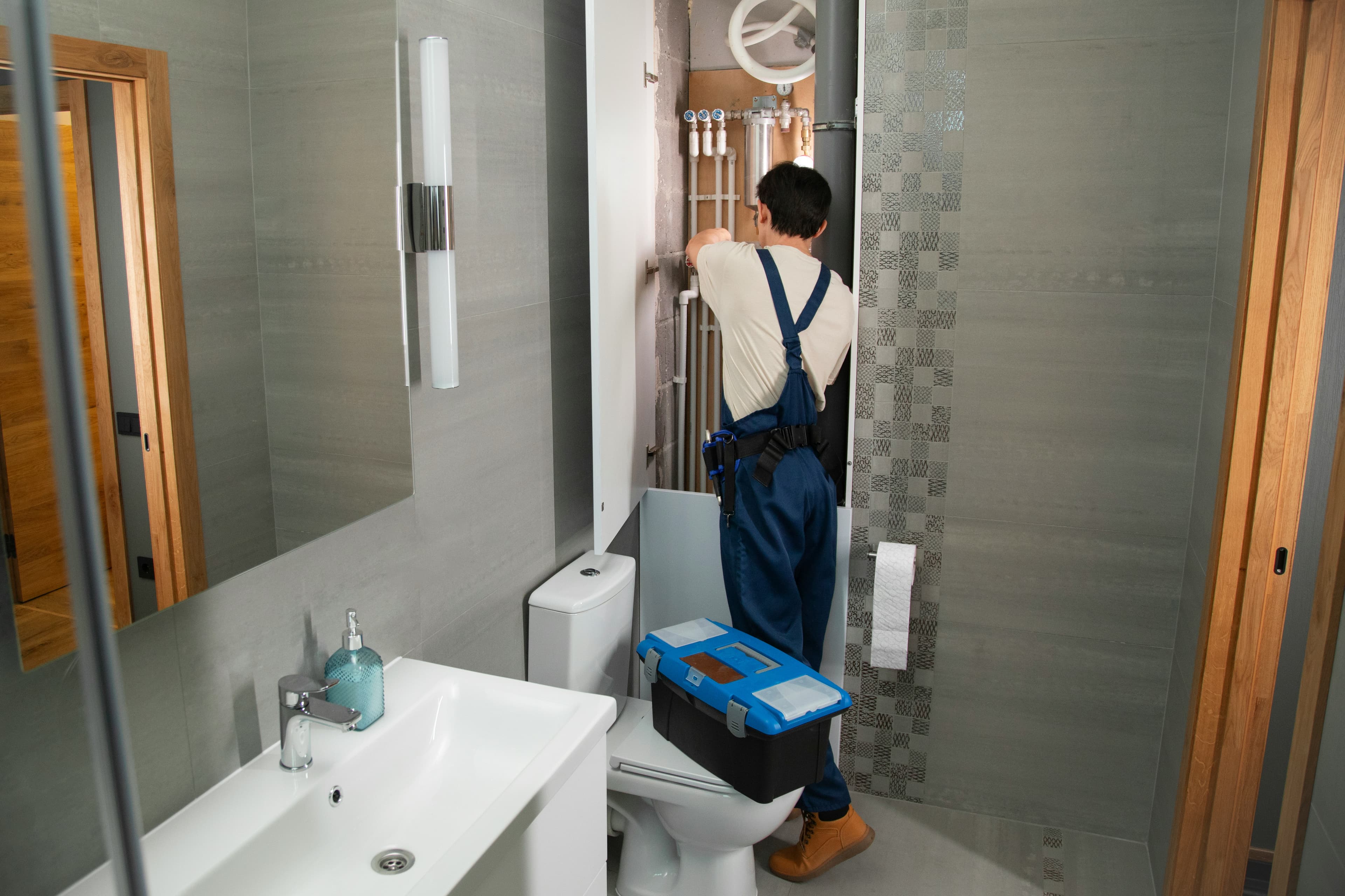 Plumber repairing water pipes behind a bathroom wall